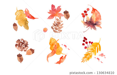 Watercolor painting. Autumn vector frame with watercolor touches. Set of autumn leaves and plants. Illustration of autumn plants and acorns. 130634810