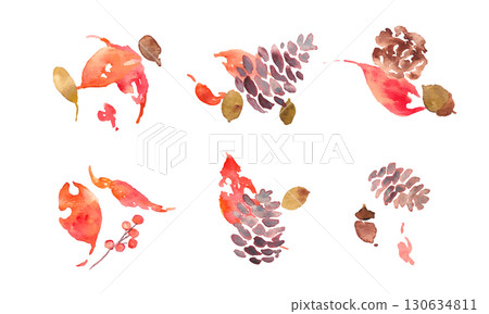 Watercolor painting. Autumn vector frame with watercolor touches. Set of autumn leaves and plants. Illustration of autumn plants and acorns. 130634811