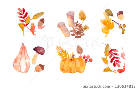 Watercolor painting. Autumn vector frame with watercolor touches. Set of autumn leaves and plants. Illustration of autumn plants and acorns. 130634812