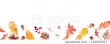 Watercolor painting. Autumn vector frame with watercolor touches. Set of autumn leaves and plants. Illustration of autumn plants and acorns. 130634817