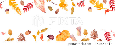Watercolor painting. Autumn vector frame with watercolor touches. Set of autumn leaves and plants. Illustration of autumn plants and acorns. 130634818