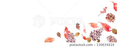 Watercolor painting. Autumn vector frame with watercolor touches. Set of autumn leaves and plants. Illustration of autumn plants and acorns. 130634819