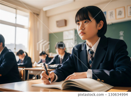 Concentration and exploration: Junior high school students studying with serious expressions 130634994