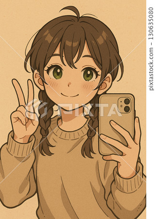 一位女士展示她的智慧型手機並指著 130635080