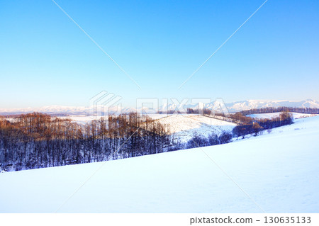 View of the Daisetsuzan mountain range and the Tokachi mountain range from Sanai no Oka Observatory Park in Biei, Hokkaido 130635133