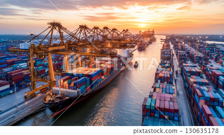 Aerial view logistic and transportation of container with crane bridge for export trade. Aerial view logistic and transportation of container with crane bridge for export trade. 130635178