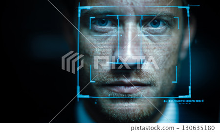 Facial recognition system scans a man face analyzing biometric data for identification. 130635180