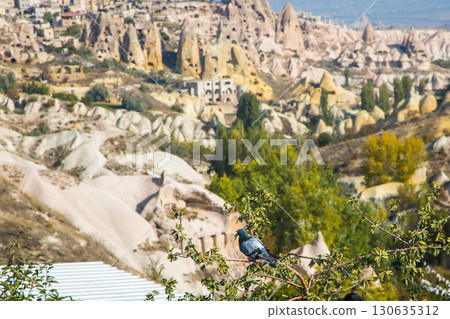 Valley of doves panoramic view near Uchisar castle in sunrise, Cappadocia Valley of doves panoramic view near Uchisar castle in sunrise, Cappadocia 130635312