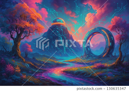 一幅山水畫,畫中是流雲下閃耀的藍色滿月和雲彩 一幅山水畫,畫中是流雲下閃耀的藍色滿月和雲彩 130635347