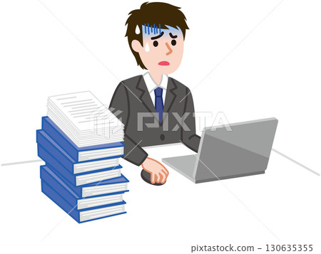 Male business person panicking over piles of documents 130635355