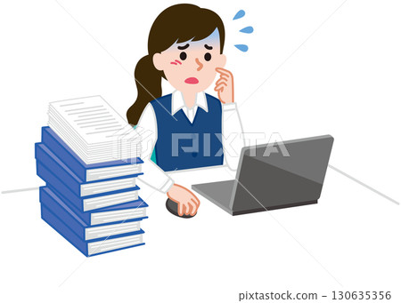 Businesswoman panicking over piles of documents 130635356
