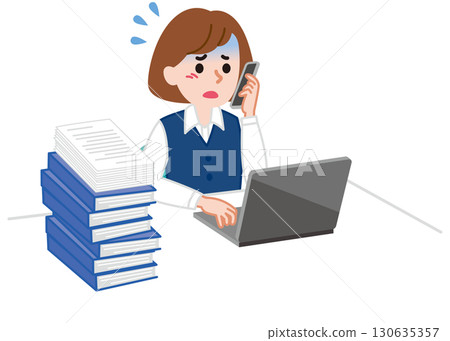 Businesswoman panicking over piles of documents 130635357