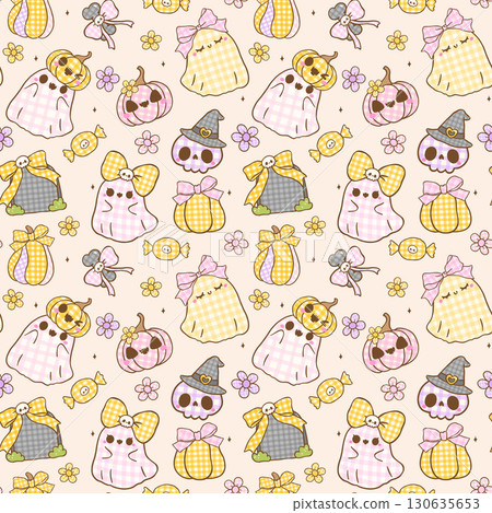 Kawaii Coquette Gingham Halloween Seamless Pattern Spooky Ghost Wallpaper printable 130635653
