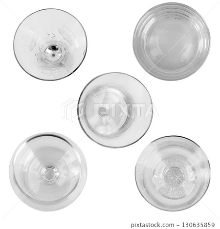 Top View of Modern Glassware Wine Champagne and Water Glasses on White Top View of Modern Glassware Wine Champagne and Water Glasses on White 130635859