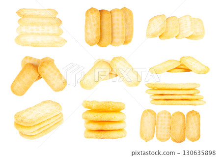 Pile of Savory Snack Chips on Clean White Studio Background 130635898