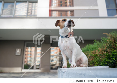 Jack Russell Terrier Dog Holding Apartment Keys. Jack Russell Terrier Dog Holding Apartment Keys. 130635963