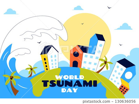World Tsunami Awareness Day Vector Illustration on November 5, featuring Waves Crashing into Houses, Trees, and Buildings in a Flat Style Background World Tsunami Awareness Day Vector Illustration on November 5, featuring Waves Crashing into Houses, Trees, and Buildings in a Flat Style Background 130636056