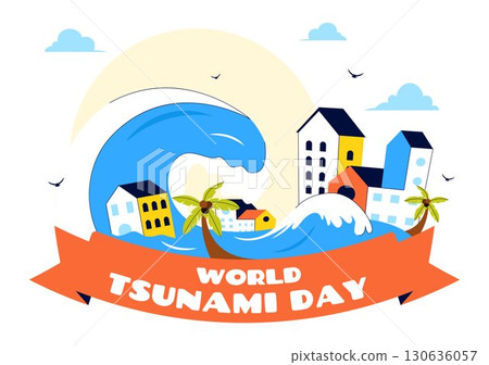 World Tsunami Awareness Day Vector Illustration on November 5, featuring Waves Crashing into Houses, Trees, and Buildings in a Flat Style Background 130636057