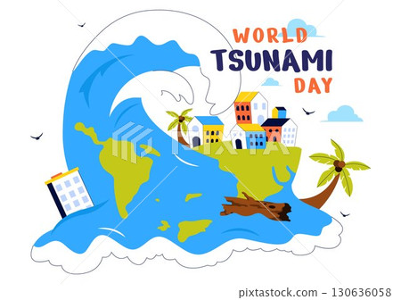 World Tsunami Awareness Day Vector Illustration on November 5, featuring Waves Crashing into Houses, Trees, and Buildings in a Flat Style Background World Tsunami Awareness Day Vector Illustration on November 5, featuring Waves Crashing into Houses, Trees, and Buildings in a Flat Style Background 130636058