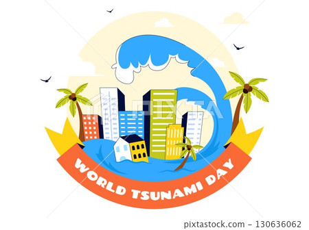 World Tsunami Awareness Day Vector Illustration on November 5, featuring Waves Crashing into Houses, Trees, and Buildings in a Flat Style Background World Tsunami Awareness Day Vector Illustration on November 5, featuring Waves Crashing into Houses, Trees, and Buildings in a Flat Style Background 130636062