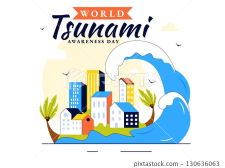 World Tsunami Awareness Day Vector Illustration on November 5, featuring Waves Crashing into Houses, Trees, and Buildings in a Flat Style Background World Tsunami Awareness Day Vector Illustration on November 5, featuring Waves Crashing into Houses, Trees, and Buildings in a Flat Style Background 130636063