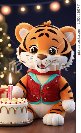A stuffed tiger sits beside a birthday cake with a lit candle A stuffed tiger sits beside a birthday cake with a lit candle 130636077