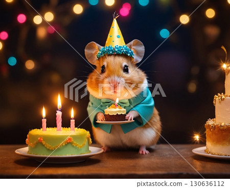 A hamster in a party hat happily holds a birthday cake 130636112
