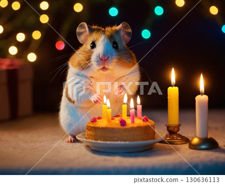 A cute hamster sits in front of a birthday cake with candles 130636113