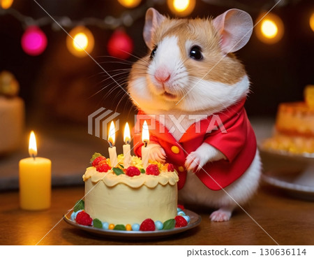 A hamster stands next to a birthday cake with lit candles A hamster stands next to a birthday cake with lit candles 130636114