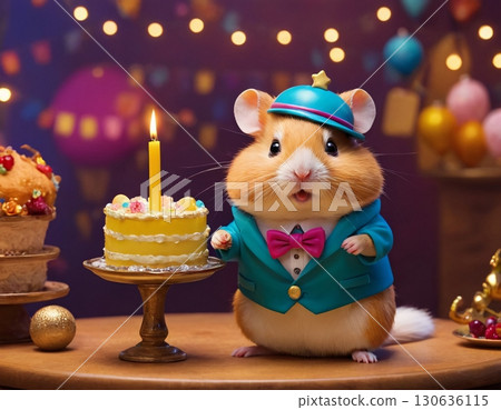 A cute hamster is holding a birthday cake with a lit candle 130636115