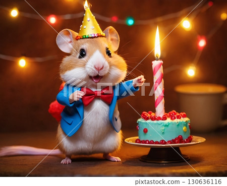 A hamster in a party hat stands by a birthday cake with a candle 130636116