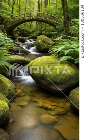 There is a quaint little bridge spanning over a stream in the woods 130636134