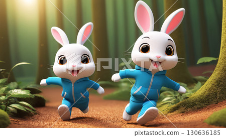 Two Playful Cartoon Rabbits Joyfully Running Through a Lush Green Forest Together Two Playful Cartoon Rabbits Joyfully Running Through a Lush Green Forest Together 130636185