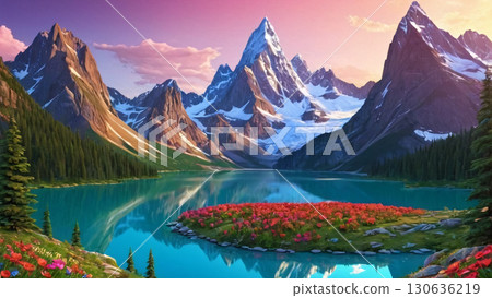 A breathtaking mountain landscape scene featuring a clear blue lake surrounded by vibrant 130636219