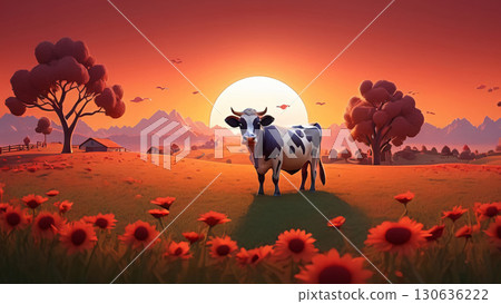 A Serene Cow Grazes in a Sunset Field Surrounded by Beautiful and Vibrant Flowers 130636222