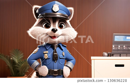 A raccoon in police uniform stands in an office, hands on hips 130636228