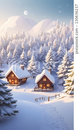 A Charming Winter Scene Featuring Cozy Cabins Set in a Beautiful Snowy Landscape 130636237