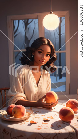 A woman is peacefully sitting at a table that has several peaches on it 130636239
