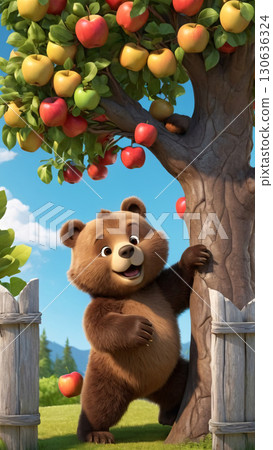 A Cute Bear Climbing a Lush Apple Tree in a Beautiful Sunny Orchard Full of Life 130636324