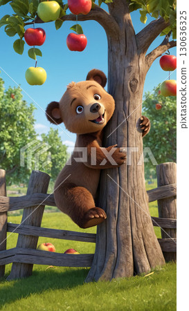 A Cute Bear Climbing a Lush Apple Tree in a Beautiful Sunny Orchard Full of Life 130636325