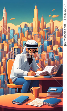 A man is sitting comfortably at a table with a laptop and a book 130636326