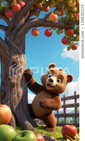 A Cute Bear Climbing a Lush Apple Tree in a Beautiful Sunny Orchard Full of Life A Cute Bear Climbing a Lush Apple Tree in a Beautiful Sunny Orchard Full of Life 130636333