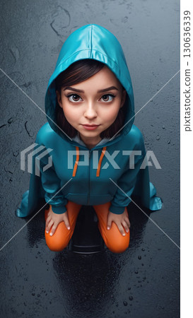 A Young Girl in a Teal Rain Jacket with Bright Orange Boots on a Rainy Surface, Smiling Joyfully 130636339
