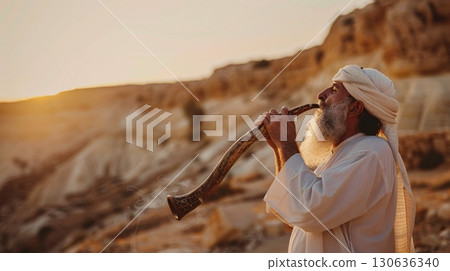 Jewish rabbi blows shofar. Yom Kippur.  130636340