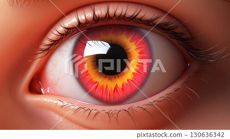 An Intense Eye Featuring Fiery Colors and a Unique Pattern Captivating the Viewers Gaze 130636342