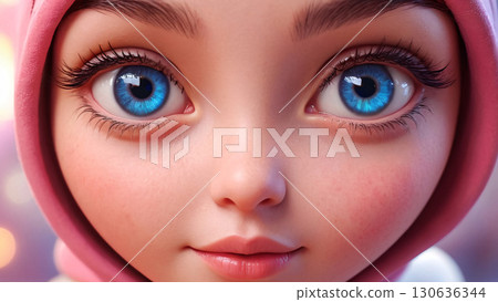 A Young Girl with Bright Blue Eyes Wearing a Soft Pink Hijab, Radiating Innocence and Beauty 130636344