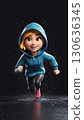 An animated girl joyfully running through a rainy, vibrant urban environment with style 130636345