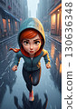 An animated girl joyfully running through a rainy, vibrant urban environment with style 130636348