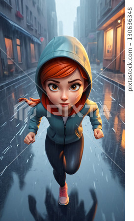 An animated girl joyfully running through a rainy, vibrant urban environment with style 130636348