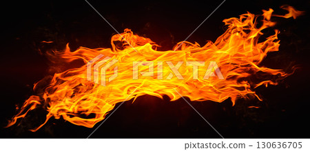 Dramatic red, orange, yellow flame and smoke rising against a dark background. Realistic, abstract fire burning background texture overlay. Vivid and hot hell or blazing fire wallpaper 130636705